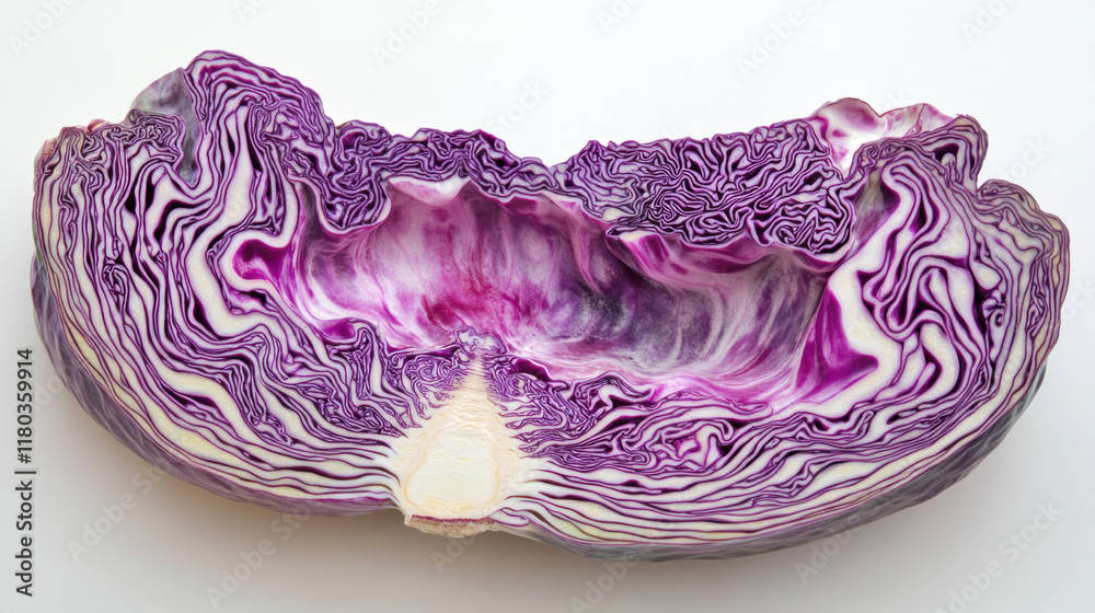 Halved red cabbage showing intricate internal structure and vibrant purple and white hues. Halved red cabbage showing intricate internal structure and vibrant purple and white hues.