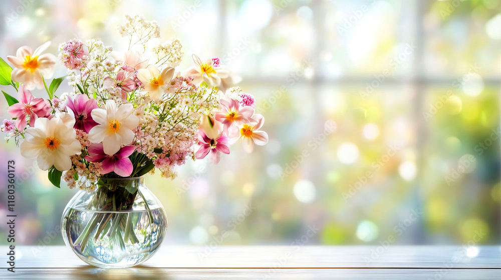 Elegant Vase of Fresh Spring Flowers on a Sunlit Table with Soft Bokeh Background Elegant Vase of Fresh Spring Flowers on a Sunlit Table with Soft Bokeh Background