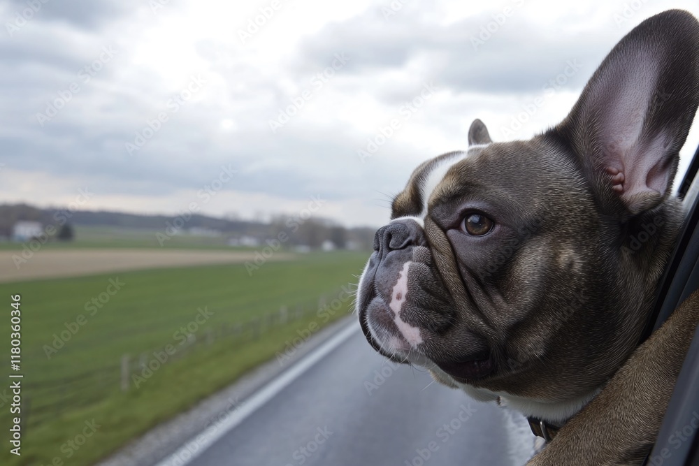Fototapeta premium A brown and white dog looks out from a car window, likely on a road trip or commute