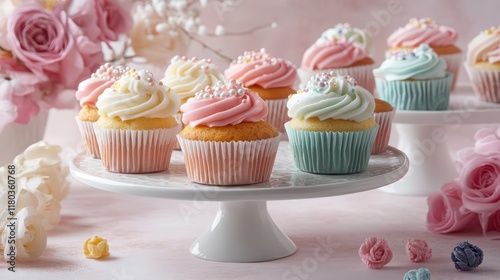 Delicious birthday cupcakes on table on light background