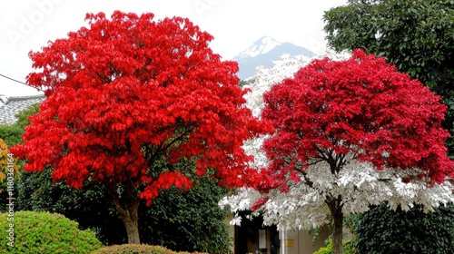 Vibrant red and white trees in autumn, mountain backdrop. Possible use for nature or travel photography. photo