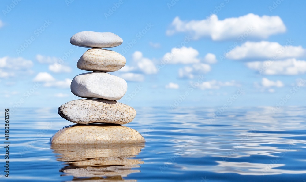 A stack of smooth stones balanced on water, reflecting a serene sky. A stack of smooth stones balanced on water, reflecting a serene sky.