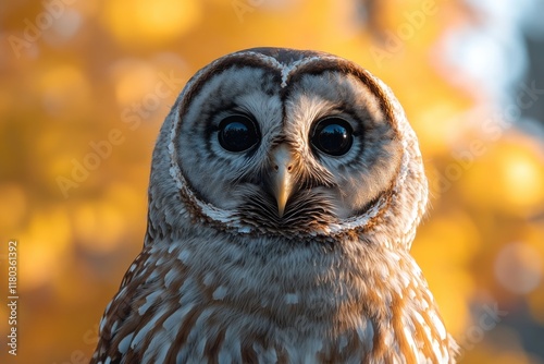 Close-up image of an owl's face with blurred background photo