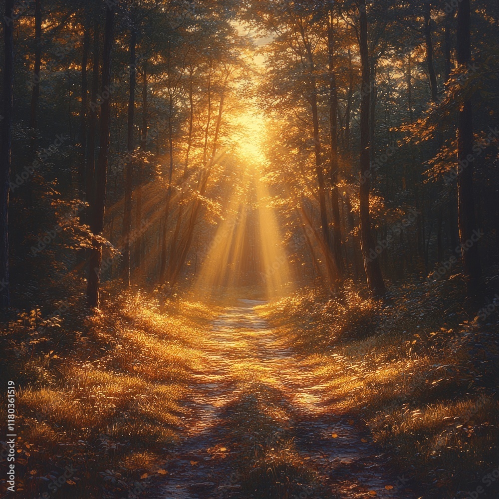 Obraz premium A serene scene with sunlight peeking through the treetops, ideal for use in nature-inspired designs or projects