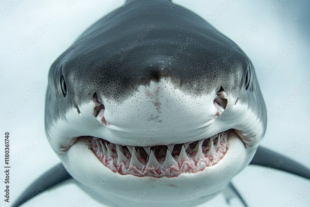 Naklejka premium A close-up view of a shark's mouth open, showcasing its sharp teeth and powerful jaws