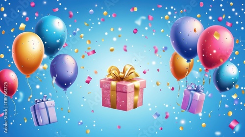 Colorful birthday gift and balloons with blue background