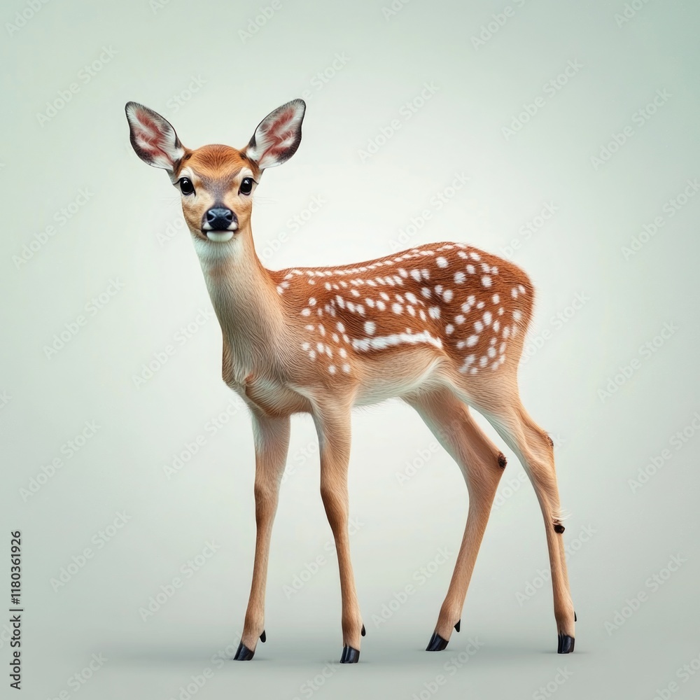 A small deer stands on a white surface, perhaps in a studio or laboratory setting A small deer stands on a white surface, perhaps in a studio or laboratory setting