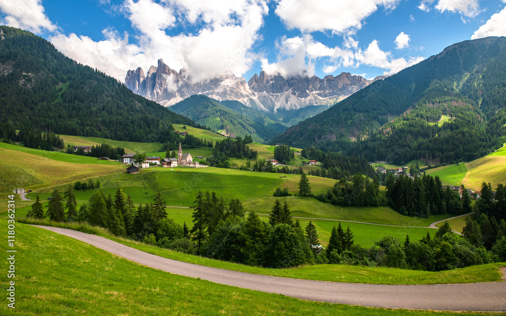 Spectacular landscape on Italian Alps Mountain Dolomite at Chiesa di Santa Maddalena Val di Funes
