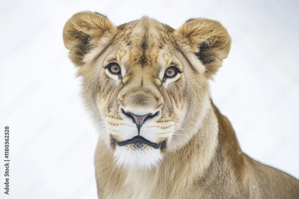 Fototapeta premium A close-up shot of a lion's face on a plain white background