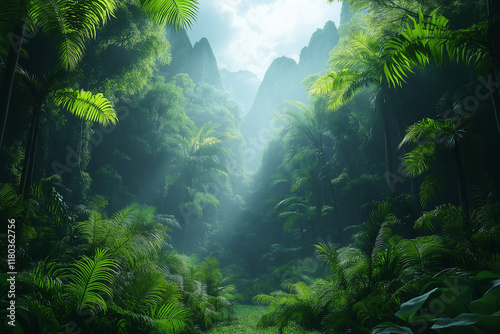 Photo réaliste d’une forêt tropicale luxuriante avec brume et feuillage vibrant