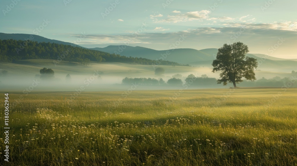 Fototapeta premium Serene morning landscape with mist, lone tree, and rolling hills