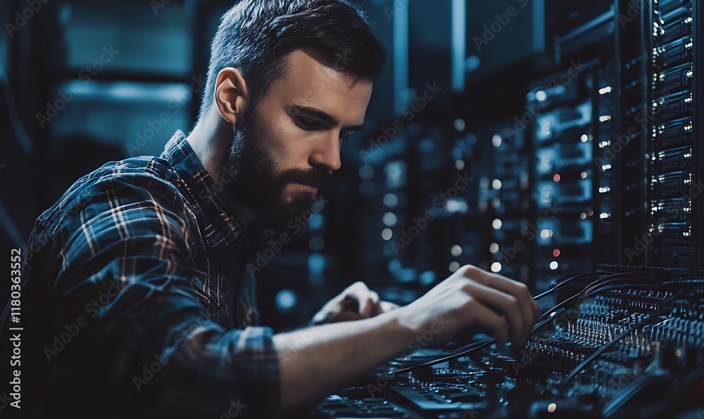 A technician working on equipment in a dimly lit server room. A technician working on equipment in a dimly lit server room.