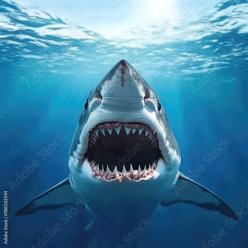 A great white shark opens its mouth in the ocean, ready to feed or defend itself