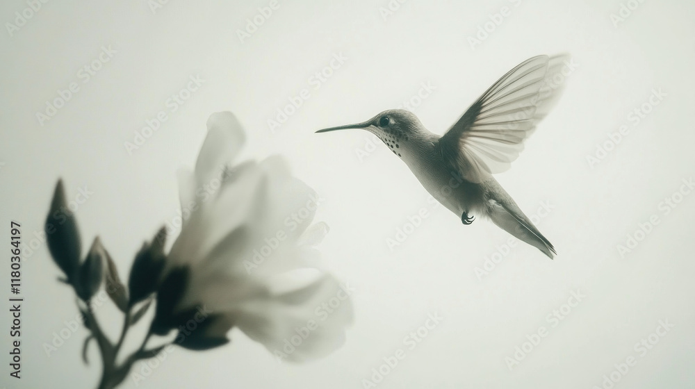 Hummingbird hovering near a large white flower. Hummingbird hovering near a large white flower.