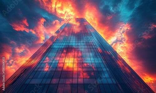 Wallpaper Mural A towering glass skyscraper reflecting a vibrant sunset and dramatic clouds. Torontodigital.ca