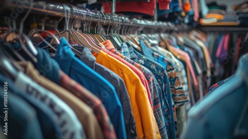 Vibrant clothing assortment on hangers in fashionable wardrobe. Second hand clothes for sale photo