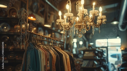 Elegant vintage store interior with chandelier and clothing rack display. Second hand clothes for sale photo