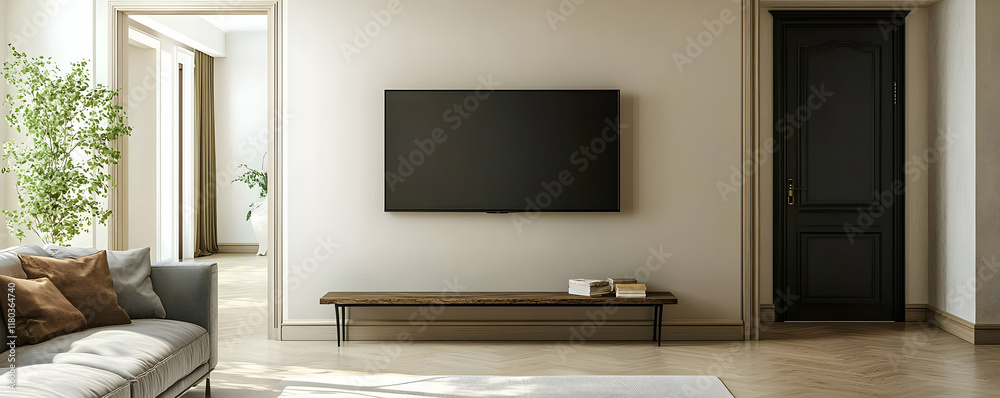 Modern living room with TV wall, offering a view of the hallway and a cozy, functional setup. Modern living room with TV wall, offering a view of the hallway and a cozy, functional setup.