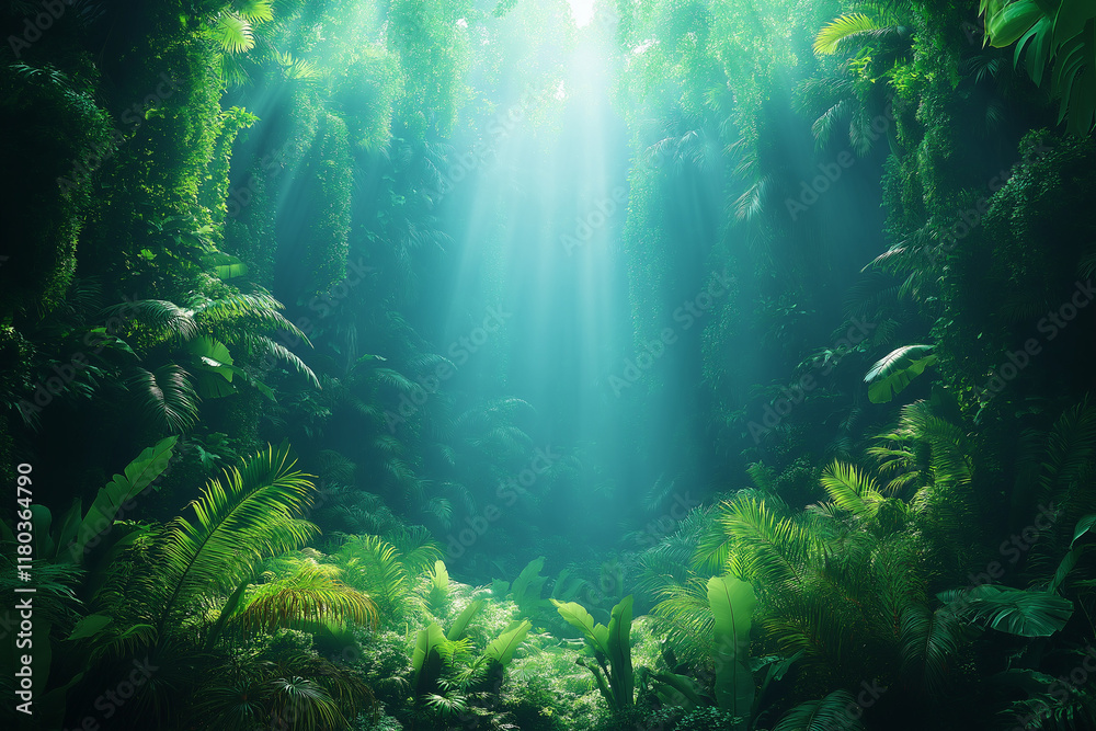 Fototapeta premium Photo réaliste d’une forêt tropicale luxuriante avec brume et feuillage vibrant