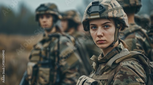 Female caucasian soldier in camouflage with army unit in formation