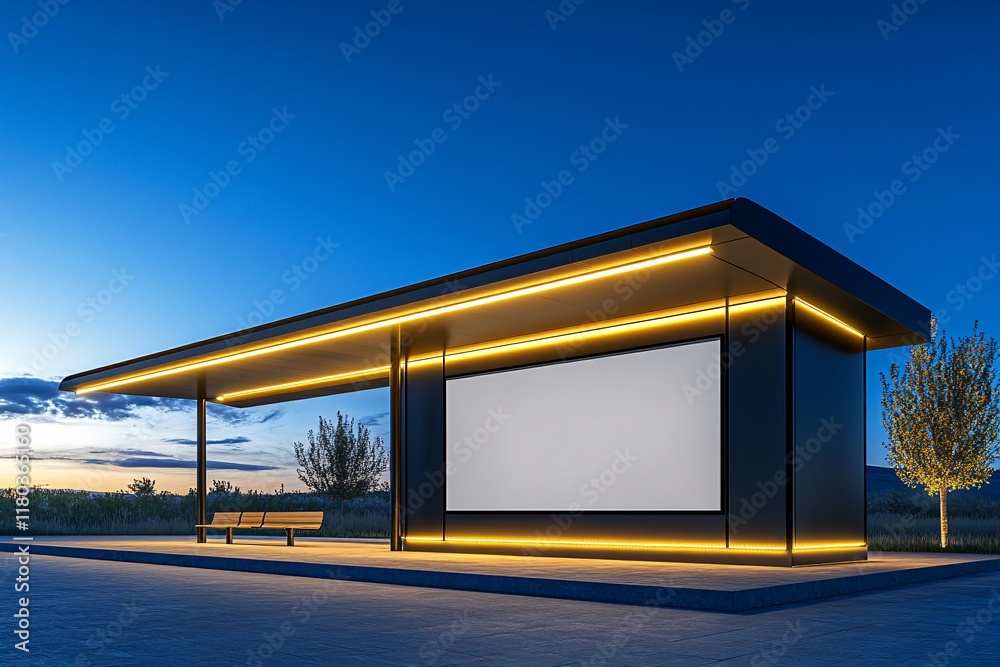 Modern Bus Stop with Blank Poster Frame for Display in Urban Setting Modern Bus Stop with Blank Poster Frame for Display in Urban Setting