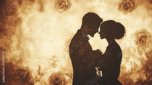 romantic silhouette couple with roses in vintage sepia tones
