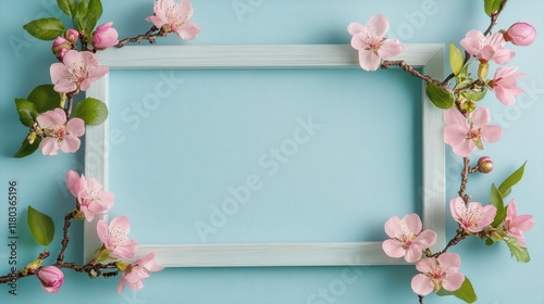 Spring flower frame on blue background copy space flat lay mock upSpring flower frame on blue background copy space flat lay mock up photo