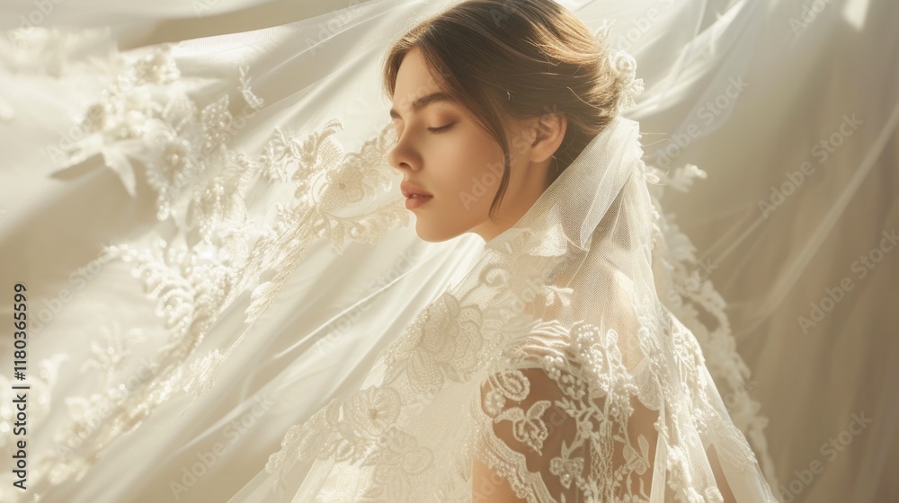 Young caucasian female bride with lace veil and sunlit background Young caucasian female bride with lace veil and sunlit background