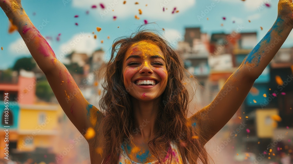 Obraz premium Joyful Indian Woman in Traditional Sari Celebrating Holi with Vibrant Colors 1