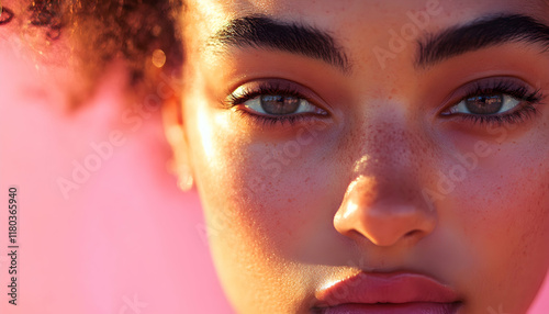 Close-up of a young womana??s face, with soft glowing skin and a pastel pink background, perfect for skincare advertising AI Generated photo