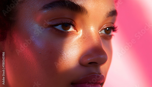 Close-up of a young womana??s face, with soft glowing skin and a pastel pink background, perfect for skincare advertising AI Generated photo