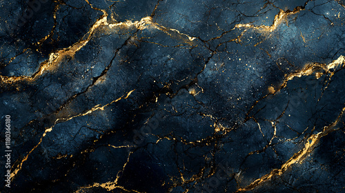 Bild auf Leinwand Deep navy and gold marbled stone texture, intricate flowing layers, glowing gold