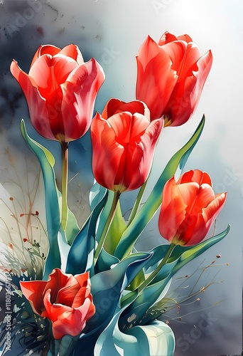 Vibrant red tulips with green leaves stand out against a soft, watercolor background	