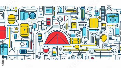 Colorful camping gear graphic design with interconnected elements, showing various equipment. photo