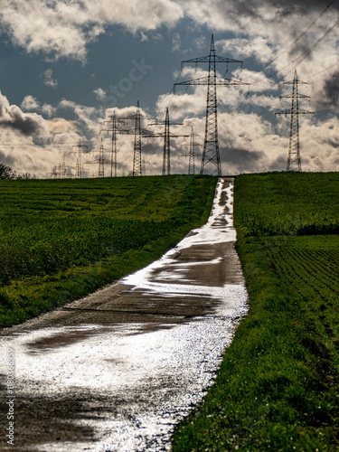 Wallpaper Mural Feuchte Teerstrasse und Strommasten einer Überlandleitung unter dunklem Wolkenhimmel Torontodigital.ca