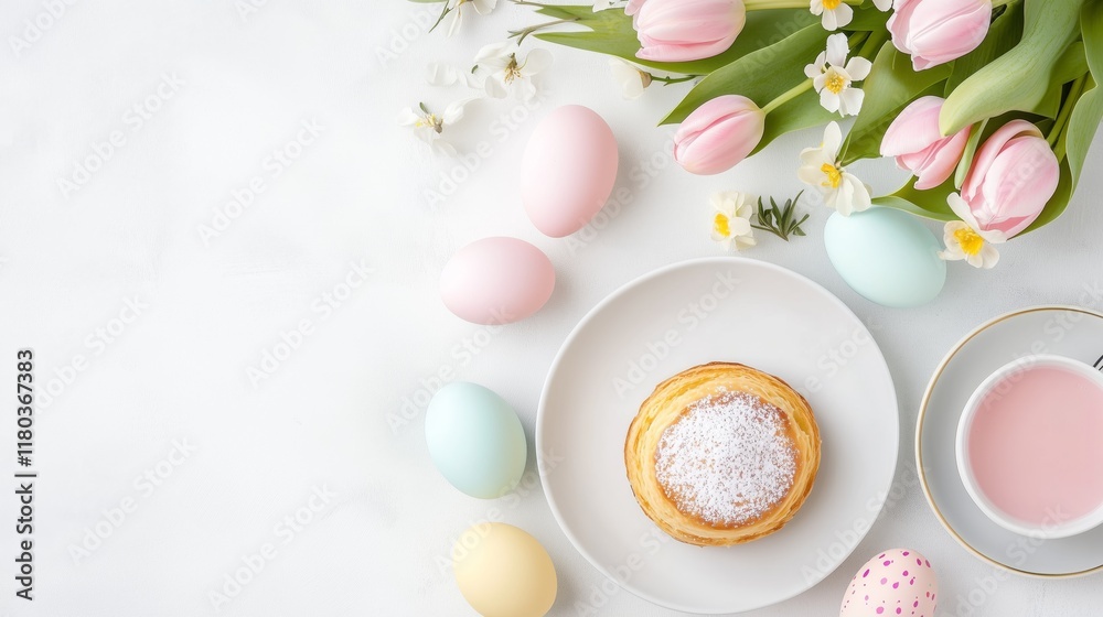 Easter breakfast table flat lay with tulips, pastel eggs, and a sweet pastry Easter breakfast table flat lay with tulips, pastel eggs, and a sweet pastry