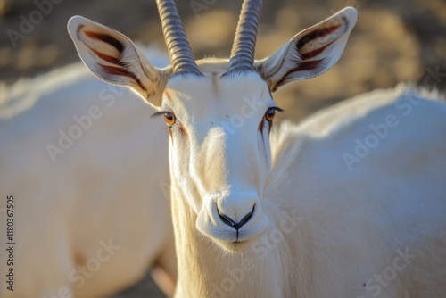 A close-up shot of a goat with distinctive horns photo