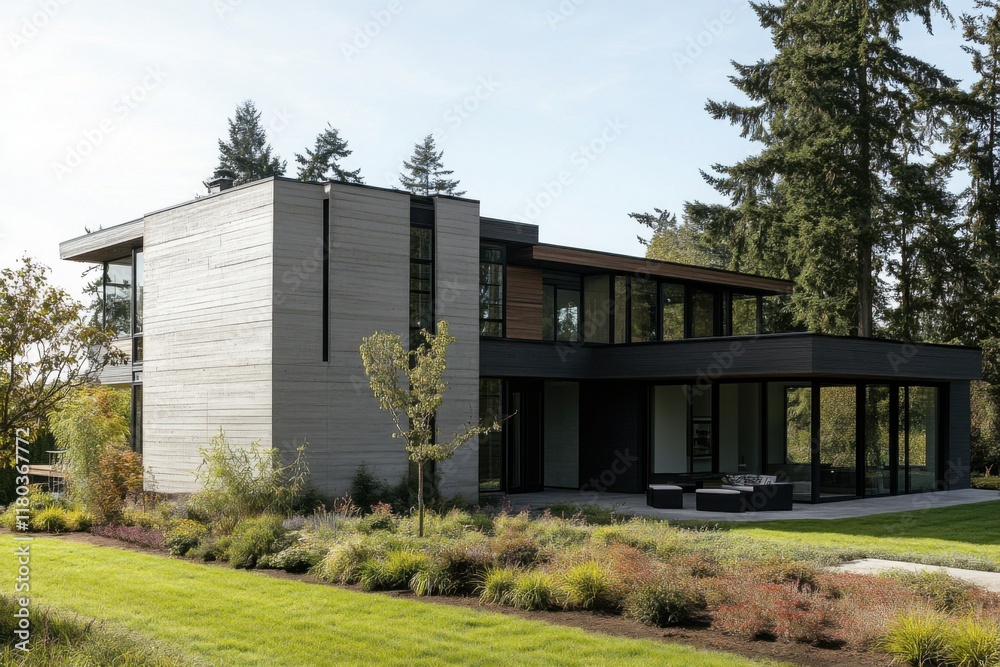 Obraz premium Modern architectural design featuring a sleek house surrounded by lush greenery in a serene outdoor setting during daylight hours
