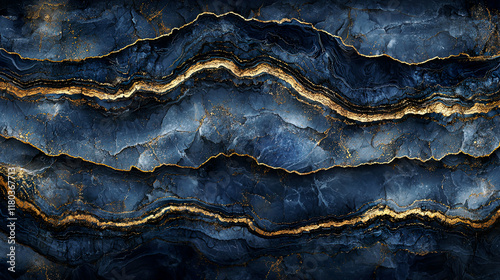 Bild auf Leinwand Dark navy and gold marble texture, hyper-realistic stone layers, intricate geolo