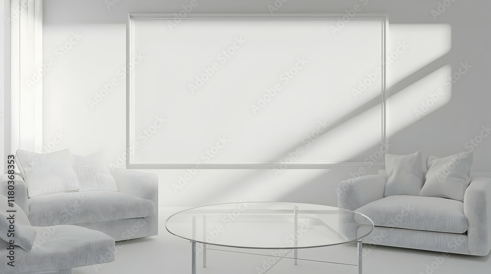 Spacious white room with an empty frame, comfortable seating, and a sleek glass table for a minimalist vibe. Spacious white room with an empty frame, comfortable seating, and a sleek glass table for a minimalist vibe.