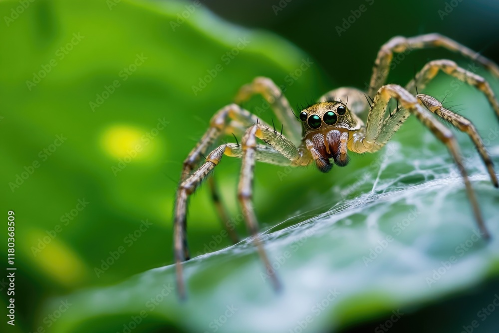A close-up shot of a spider sitting on a leaf, its legs spread wide