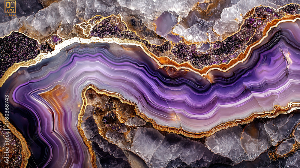 Bold purple and gold marbled agate with flowing lines of glitter, intricate layers, realistic textures, soft lighting Bold purple and gold marbled agate with flowing lines of glitter, intricate layers, realistic textures, soft lighting