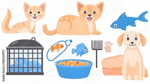 Cute pet supplies collection, various animals and accessories, illustration for children's book or educational materials.