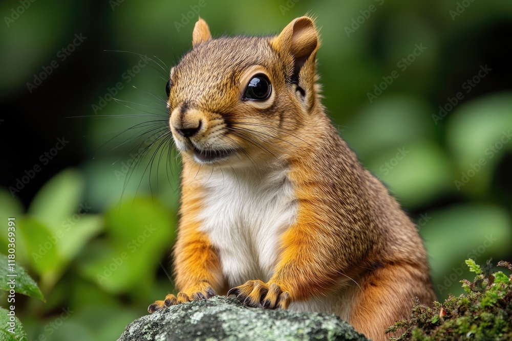 Fototapeta premium A close-up view of a squirrel sitting on a rock, looking out at the viewer