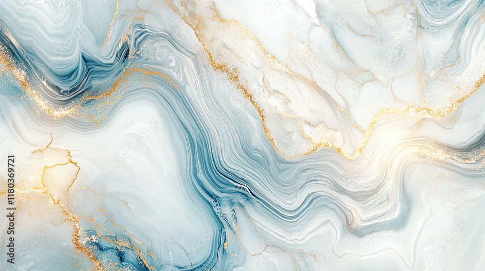 Obraz premium Blue and white marbled texture with delicate gold highlights, realistic stone layers, intricate swirling patterns, glowing accents 