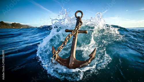 A rusty anchor with chain emerges from ocean waves, creating a dynamic splash.  The vibrant blue water and clear sky provide a striking backdrop.