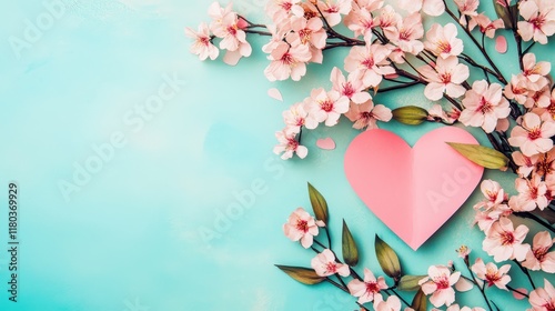 Creative layout with pink flowers, paper heart over punchy pastel background. Top view, flat lay. Spring, summer or garden concept. Present for Woman day photo