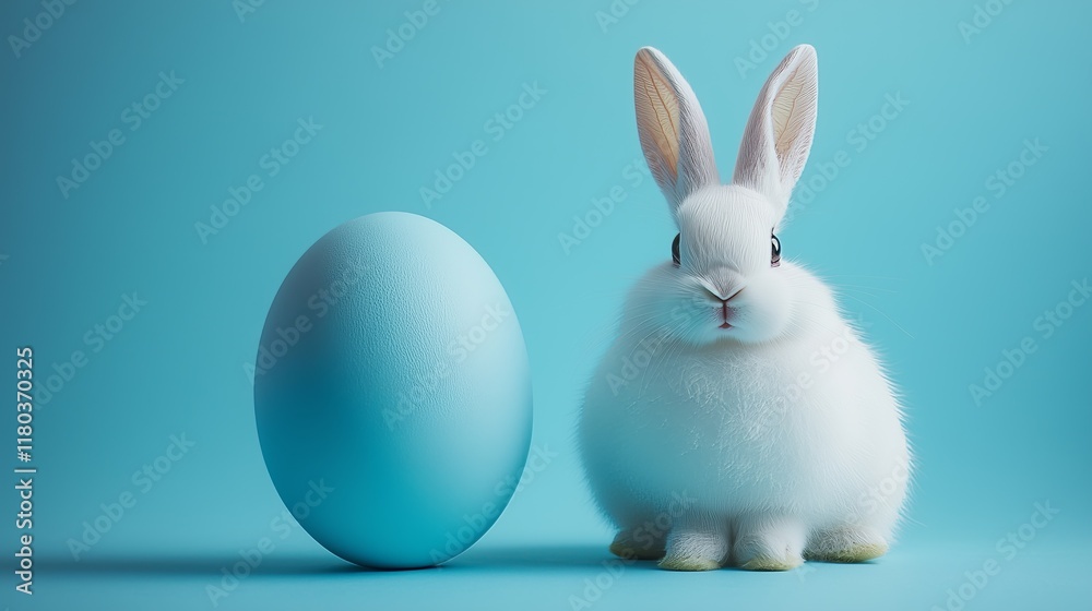Cute white rabbit sits beside a large blue egg on a vibrant blue background, symbolizing Easter celebrations. Cute white rabbit sits beside a large blue egg on a vibrant blue background, symbolizing Easter celebrations.