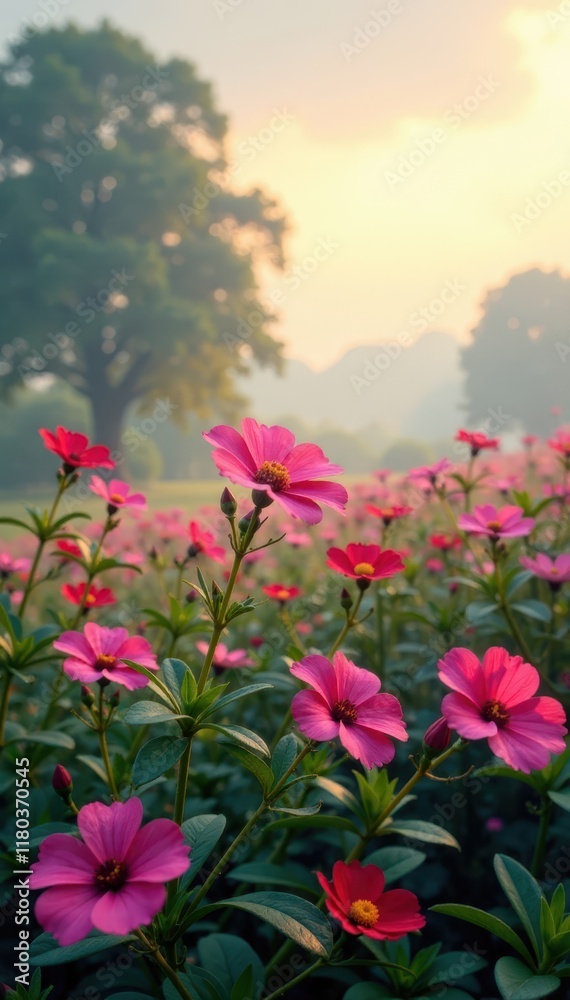 Vibrant blooms against a misty English morning sky, floral, english park, blooming Vibrant blooms against a misty English morning sky, floral, english park, blooming