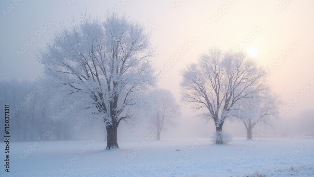 Frost-covered trees under soft dawn light. Intricate ice crystals sparkle on branches, contrasting with a snowy ground and pale sky. A serene, ethereal winter landscape unfolds. Frost-covered trees under soft dawn light. Intricate ice crystals sparkle on branches, contrasting with a snowy ground and pale sky. A serene, ethereal winter landscape unfolds.
